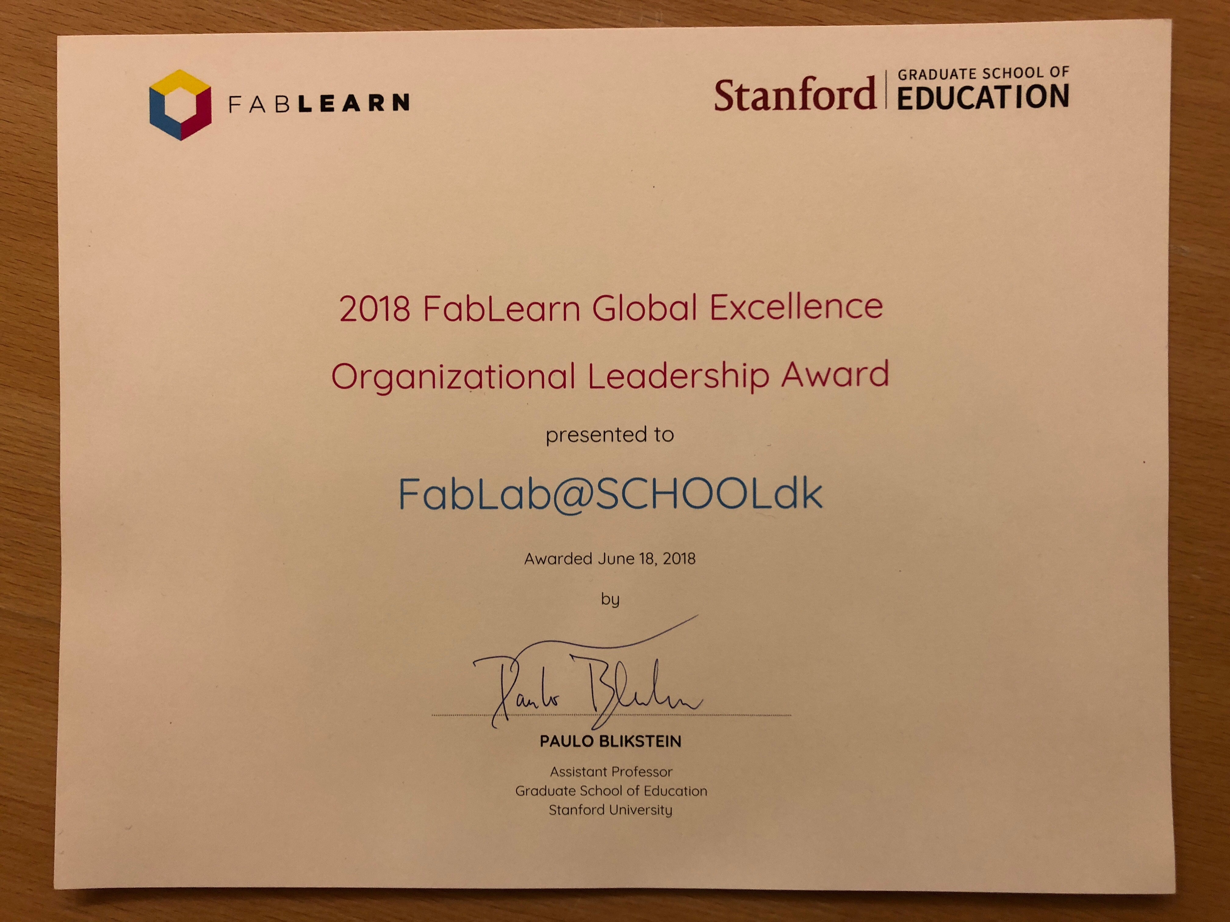 Stanfordpris til FabLab@SCHOOLdk