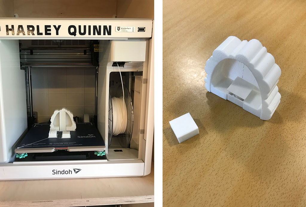 3D printer i aktin samt produkt printet fra 3D printer
