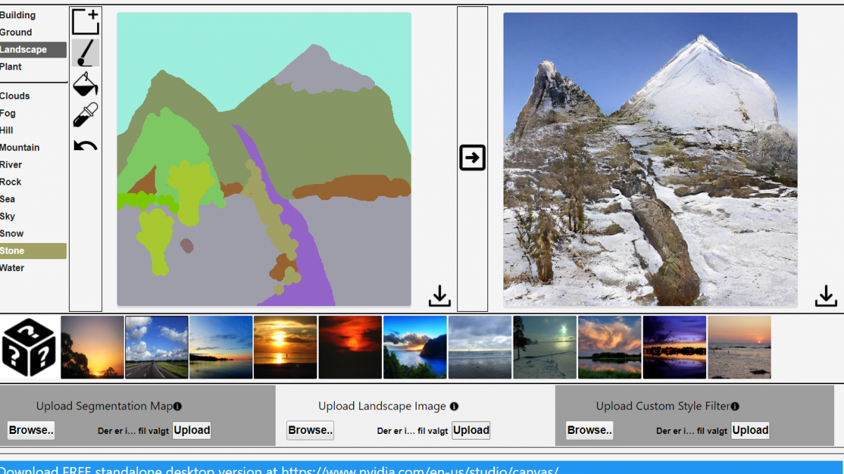 Skærmbillede af programmet GauGAN, hvor der er tegnet to bjergtoppe i venstre side og programmet har ud fra tegningen genereret et naturalistisk foto af bjergene