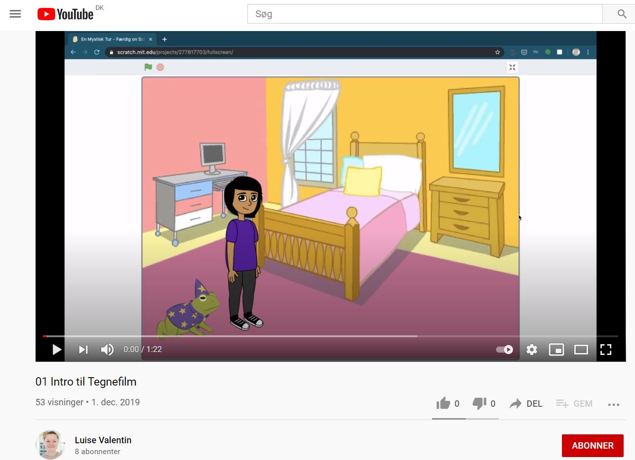 Skærmbillede fra introduktionsvideo til Scratch. Viser en scene med et værelse og en pige