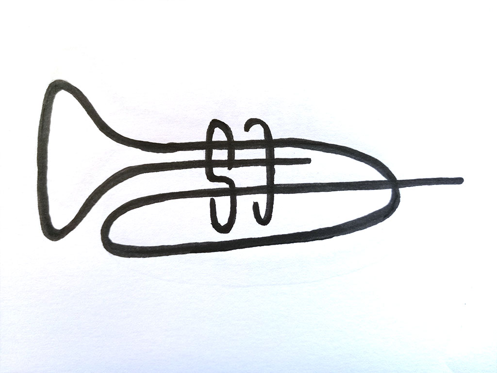 Tegning af trompet, hvor bogstaverne S og J indgår