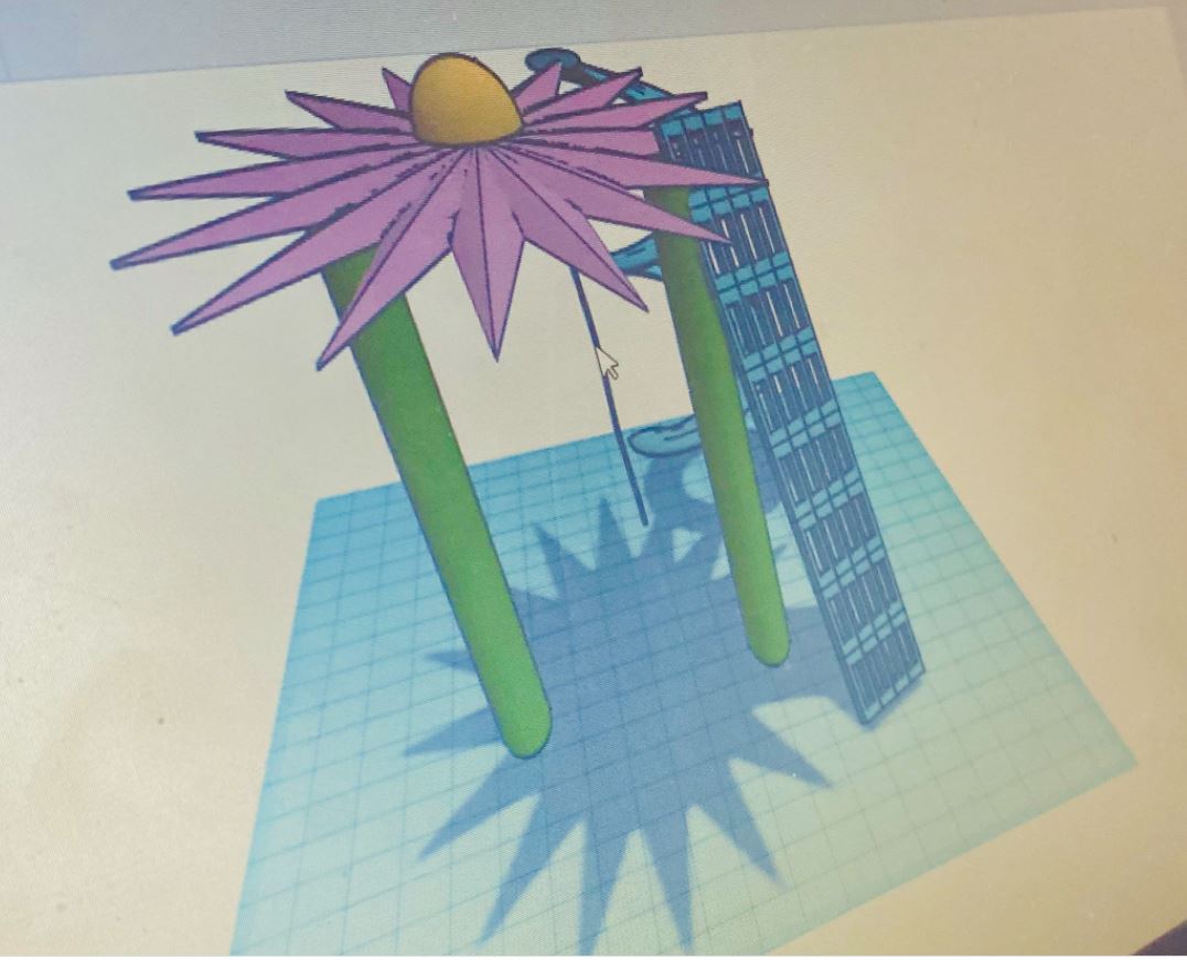Digital 3D tegning af et legeredskab til en skolegård - design forslag udarbejdet af elever. Titel: Blomstergyngen
