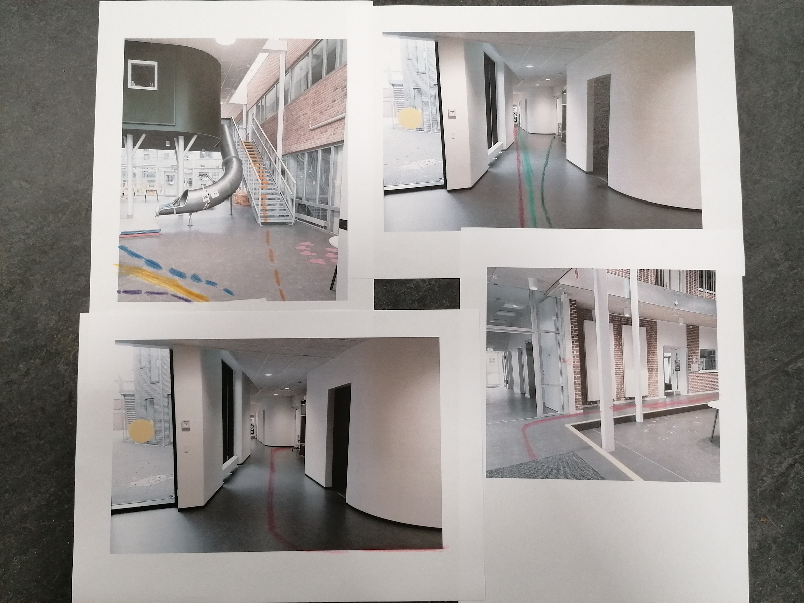 Collage af billeder fra gangarealet på en skole