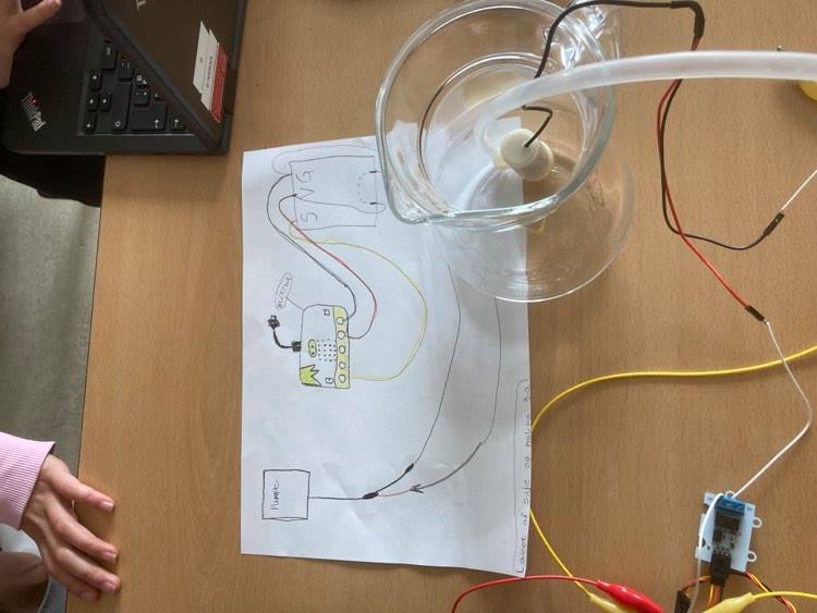 Skitse af kredsløb. Elektroder på bord og en vandkande.