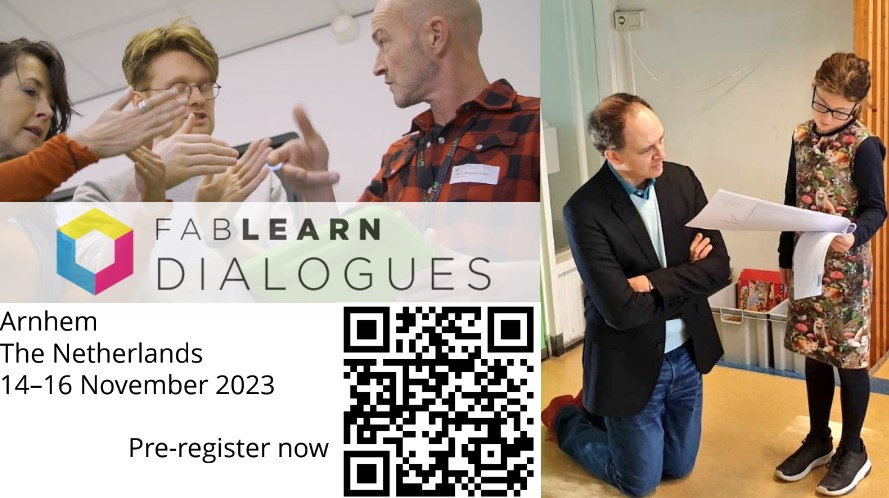 Reklame for FabLearn Dialogues 2023 med QR kode for pre-registrering